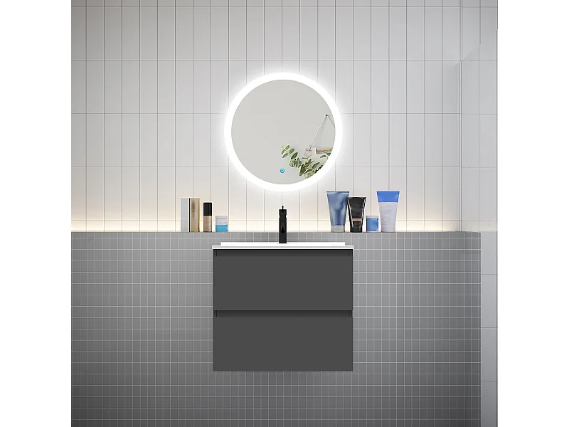 AICA Ensemble meuble de salle de bain Vasque 60cm avec 2 tiroirs + lavabo + LED Miroir Rond 60cm, Anthracite
