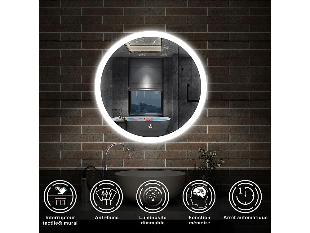 AICA Ensemble meuble de salle de bain Vasque 60cm avec 2 tiroirs + lavabo + LED Miroir Rond 60cm, Anthracite