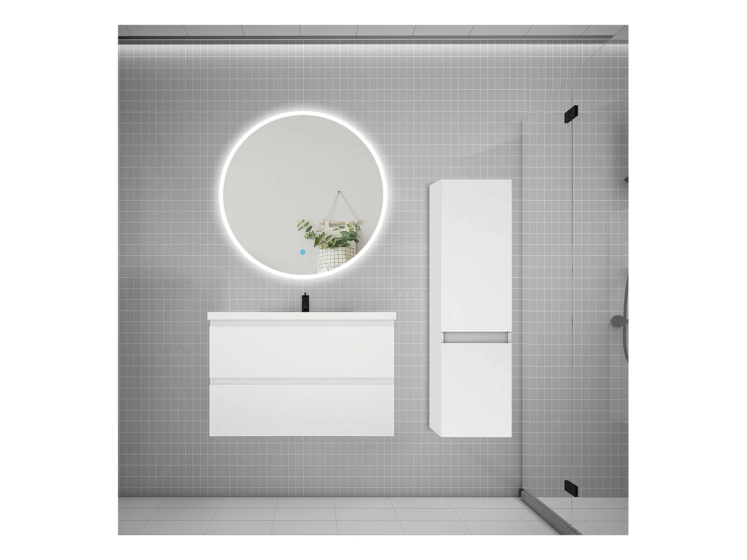 AICA Ensemble meuble de salle de bain Vasque L.79cm 2 tiroirs + lavabo + LED Miroir Rond 90cm + Colonne,Blanc