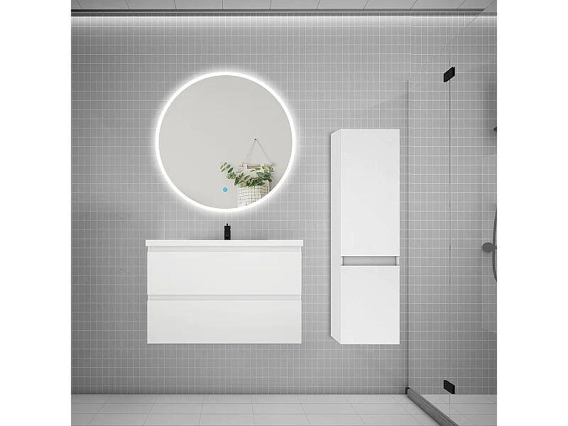 Ensemble meuble vasque L.79cm 2 tiroirs + lavabo + LED miroir rond 90cm + colonne A,blanc
