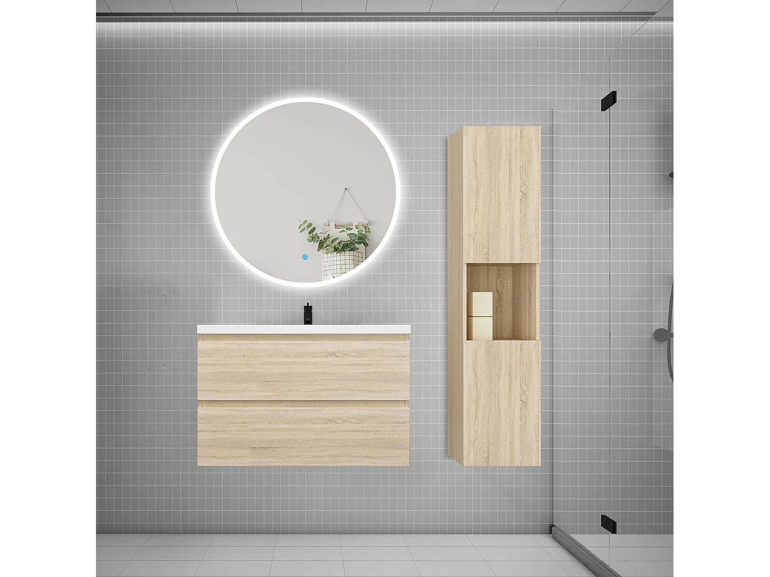 AICA Ensemble meuble vasque L.79cm 2 tiroirs + lavabo + LED miroir rond 90cm + colonne,chêne