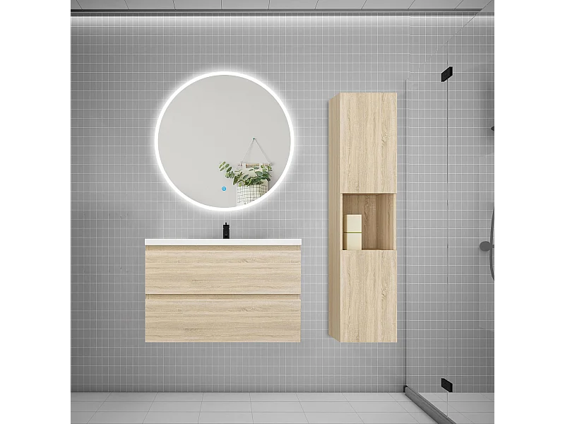 AICA Ensemble meuble vasque L.79cm 2 tiroirs + lavabo + LED miroir rond 90cm + colonne,chêne