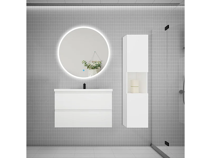 AICA Ensemble meuble de salle de bain Vasque L.79cm 2 tiroirs + lavabo + LED Miroir Rond 90cm + Colonne,Blanc