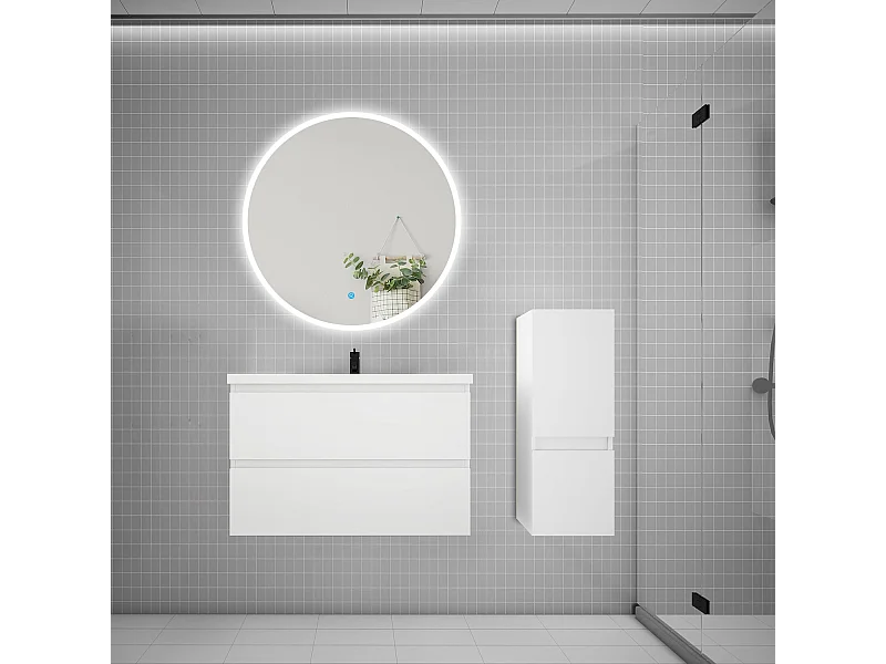 AICA Ensemble meuble de salle de bain Vasque L.79cm 2 tiroirs + lavabo + LED Miroir Rond 90cm + Colonne,Blanc