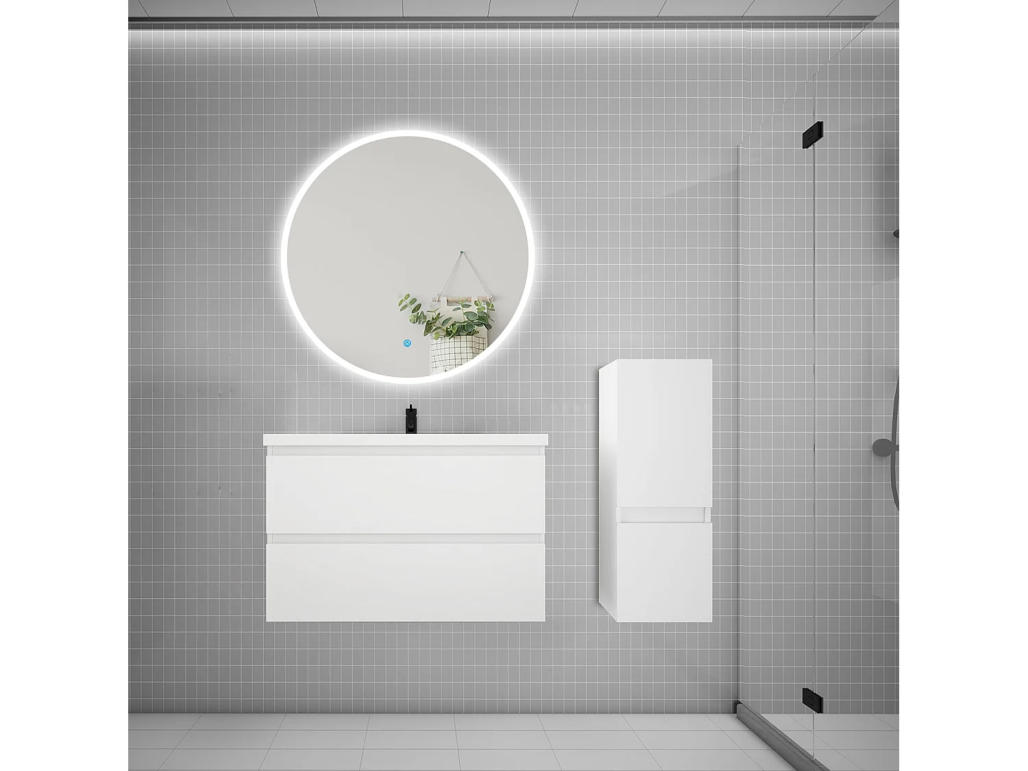 Ensemble meuble vasque L.79cm 2 tiroirs + lavabo + LED miroir rond 90cm + colonne,blanc