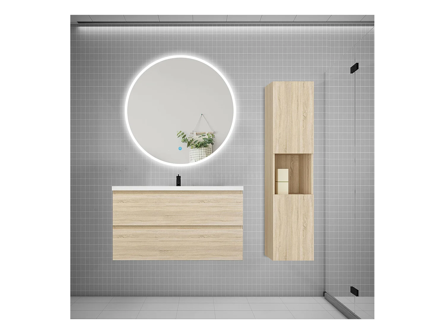 AICA Ensemble meuble de salle de bain Vasque L.99cm 2 tiroirs + lavabo + LED Miroir Rond 100cm + Colonne, Chêne
