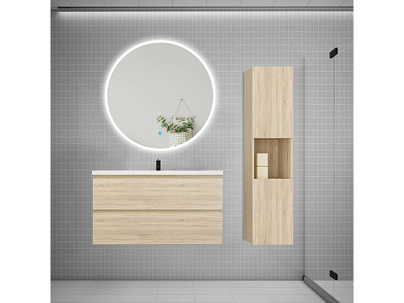 AICA Ensemble meuble vasque L.99cm 2 tiroirs + lavabo + LED miroir rond 100cm + colonne,chêne
