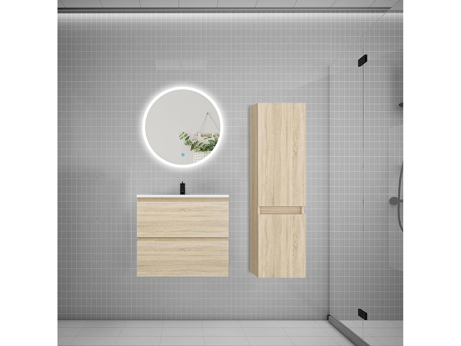 Ensemble meuble vasque L.60cm 2 tiroirs + lavabo + LED miroir rond 60cm + colonne C,chêne