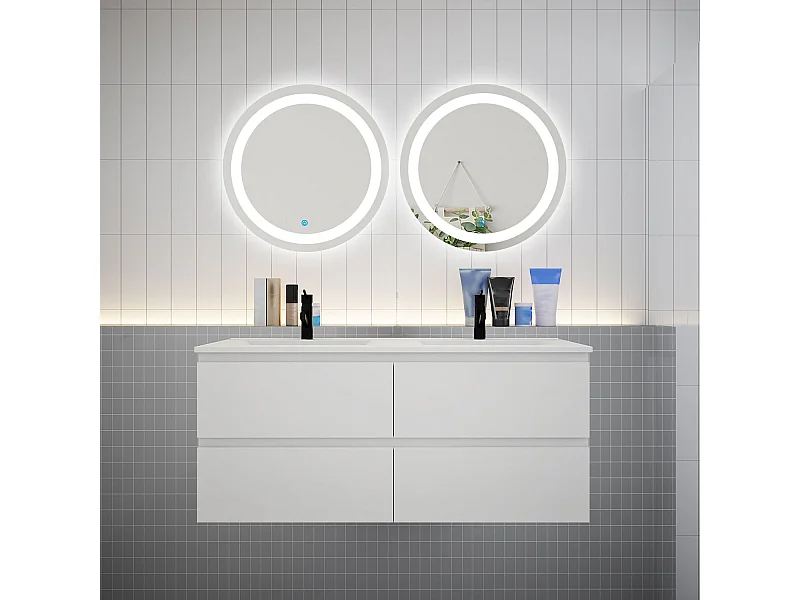 AICA Ensemble meuble de salle de bain double Vasque 120cm + 4 tiroirs + lavabo + 2*LED Miroirs Rond 60cm,Blanc