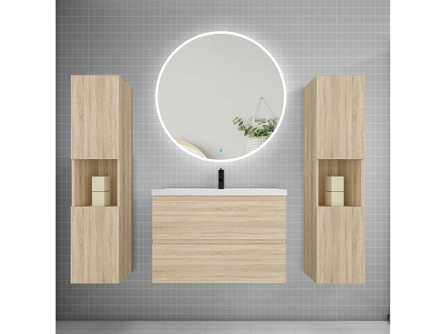 Ensemble meuble vasque L.79cm 2 tiroirs + lavabo + LED miroir rond 90cm + 2*colonne,chêne A