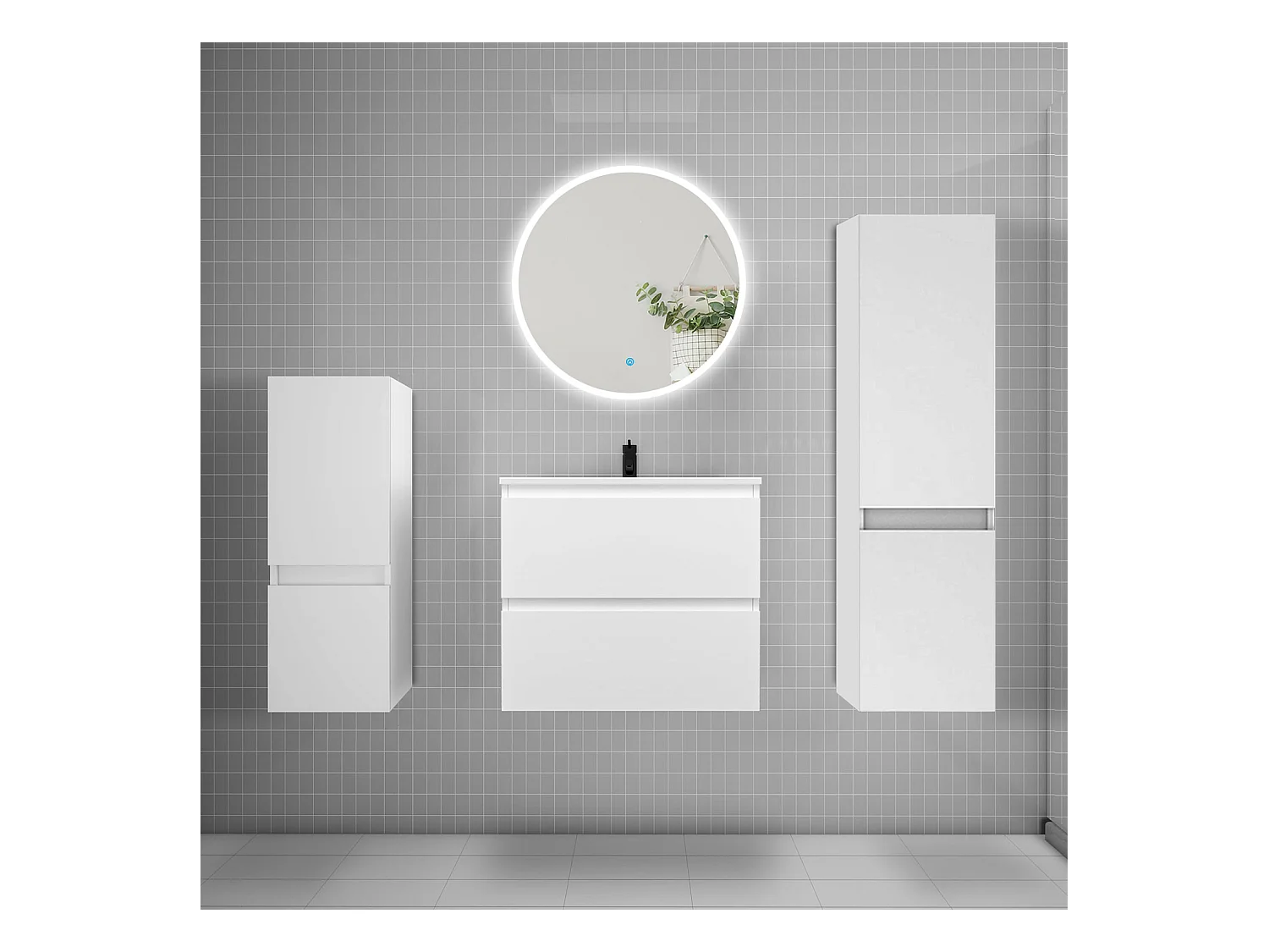 AICA Ensemble meuble de salle de bain Vasque L.60cm 2 tiroirs + lavabo + LED Miroir Rond 60cm + 2*Colonne,Blanc