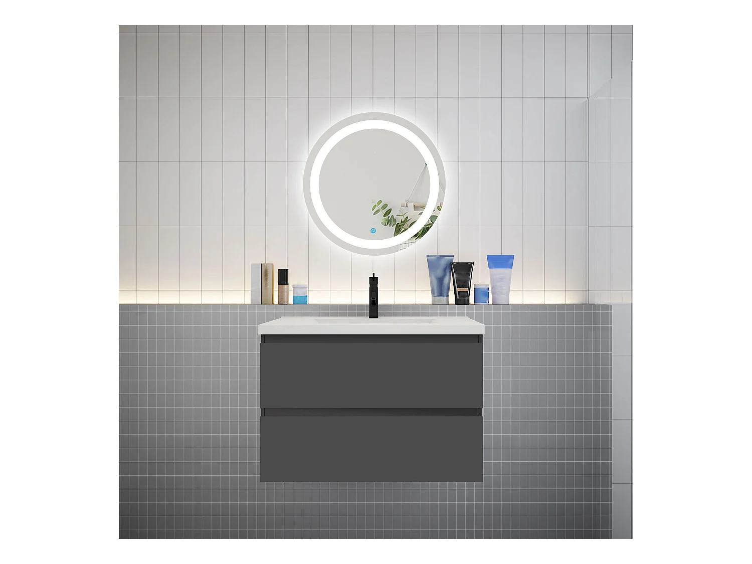 AICA Ensemble meuble de salle de bain Vasque 79cm + 2 tiroirs + lavabo + LED Miroir Rond 60cm, Anthracite