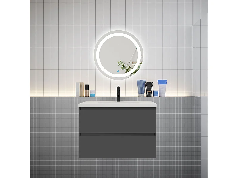 Ensemble meuble vasque L.79cm 2 tiroirs + lavabo + LED miroir rond 60cm,anthracite,aica design