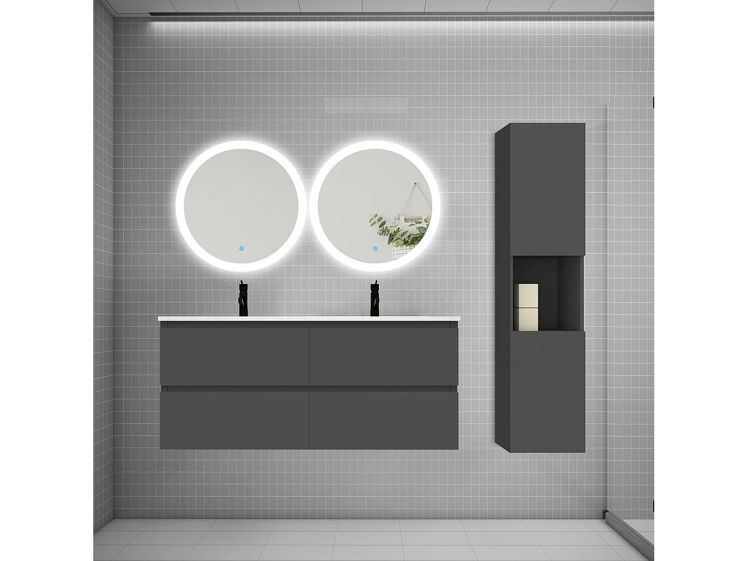 AICA Ensemble meuble double vasque L.120cm 4 tiroirs + lavabo + 2*LED miroirs rond 60cm + colonne B,anthracite,aica