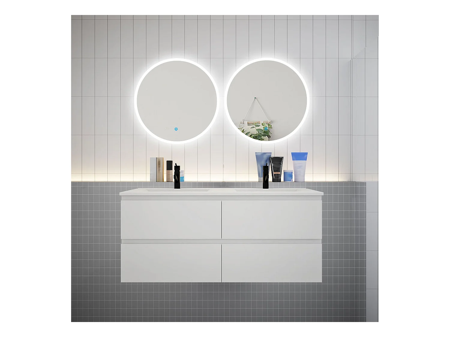 AICA Ensemble meuble de salle de bain double Vasque L.120cm 4 tiroirs + lavabo + 2*LED Miroirs Rond 60cm,Blanc