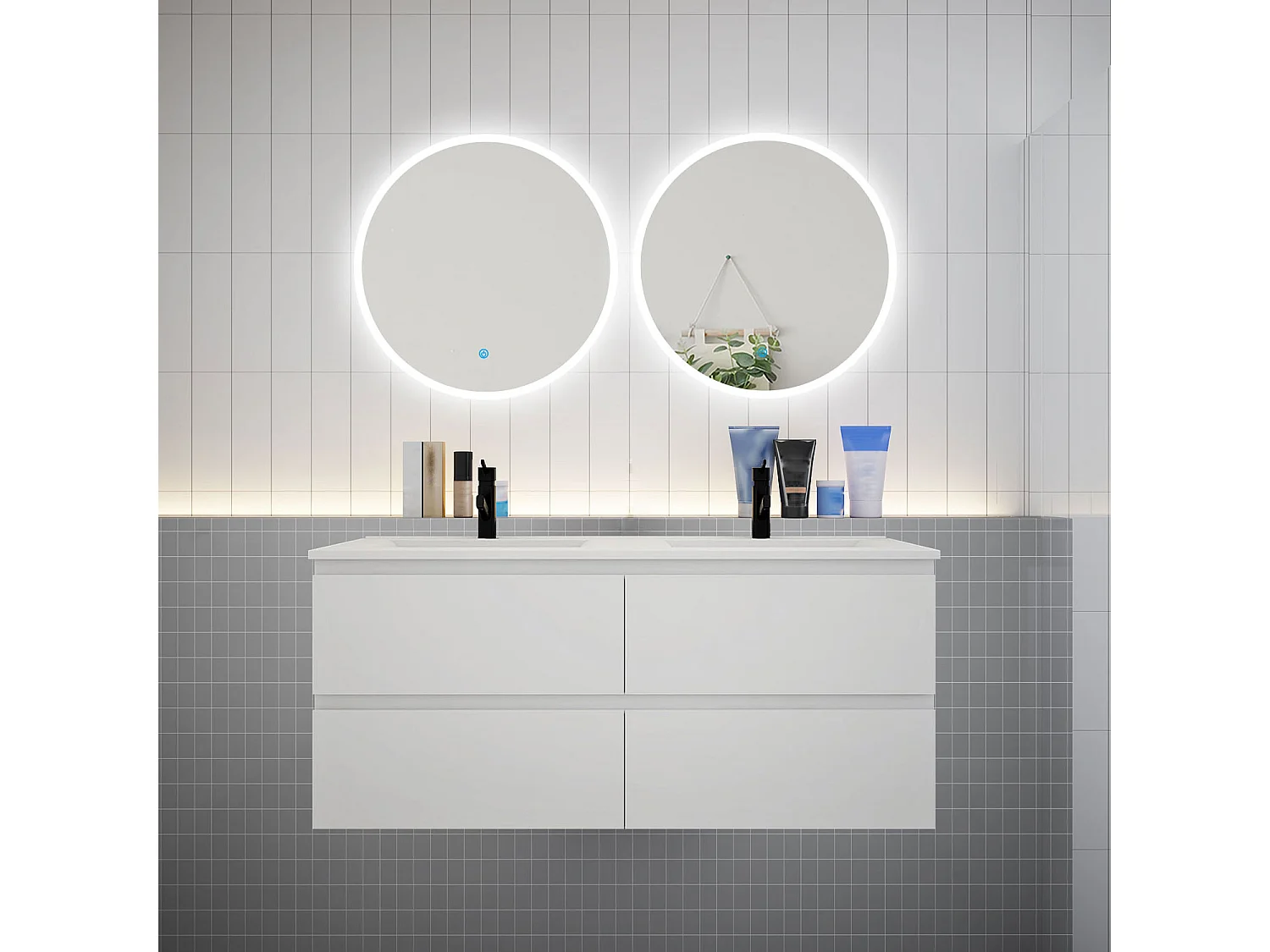 Ensemble meuble double vasque L.120cm 4 tiroirs + lavabo + 2 LED miroirs rond 60cm,blanc.aica