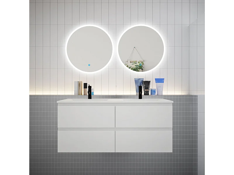 Ensemble meuble double vasque L.120cm 4 tiroirs + lavabo + 2 LED miroirs rond 60cm,blanc.aica