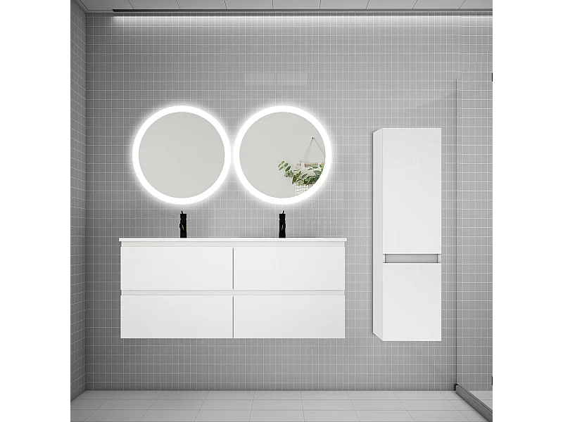 Ensemble meuble double vasque L.120cm 4 tiroirs + lavabo + 2*LED miroirs rond 60cm + colonne,blanc,aica