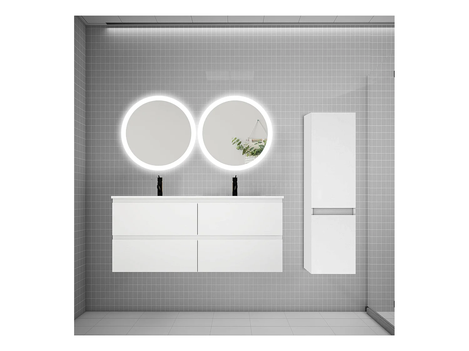 AICA Ensemble meuble de salle de bain double Vasque 120cm avec 4 tiroirs + lavabo + 2*LED Miroirs Rond 60cm + Colonne,Blanc