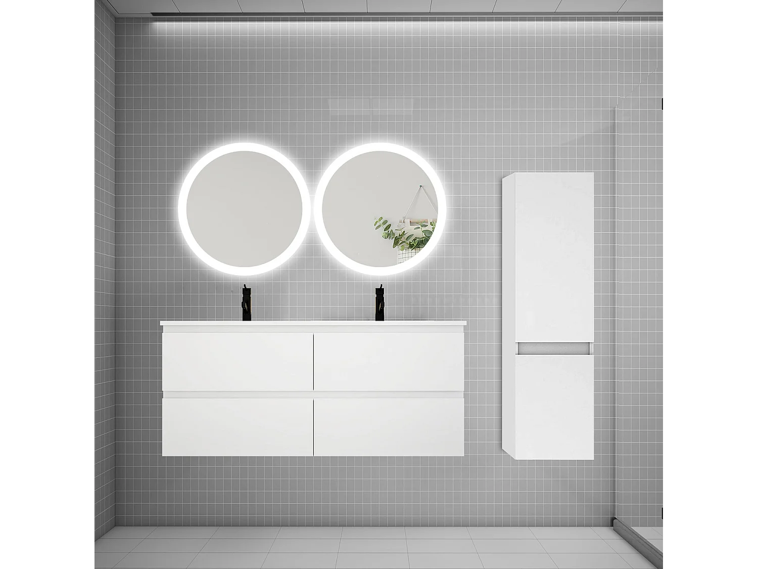 Ensemble meuble double vasque L.120cm 4 tiroirs + lavabo + 2*LED miroirs rond 60cm + colonne,blanc,aica