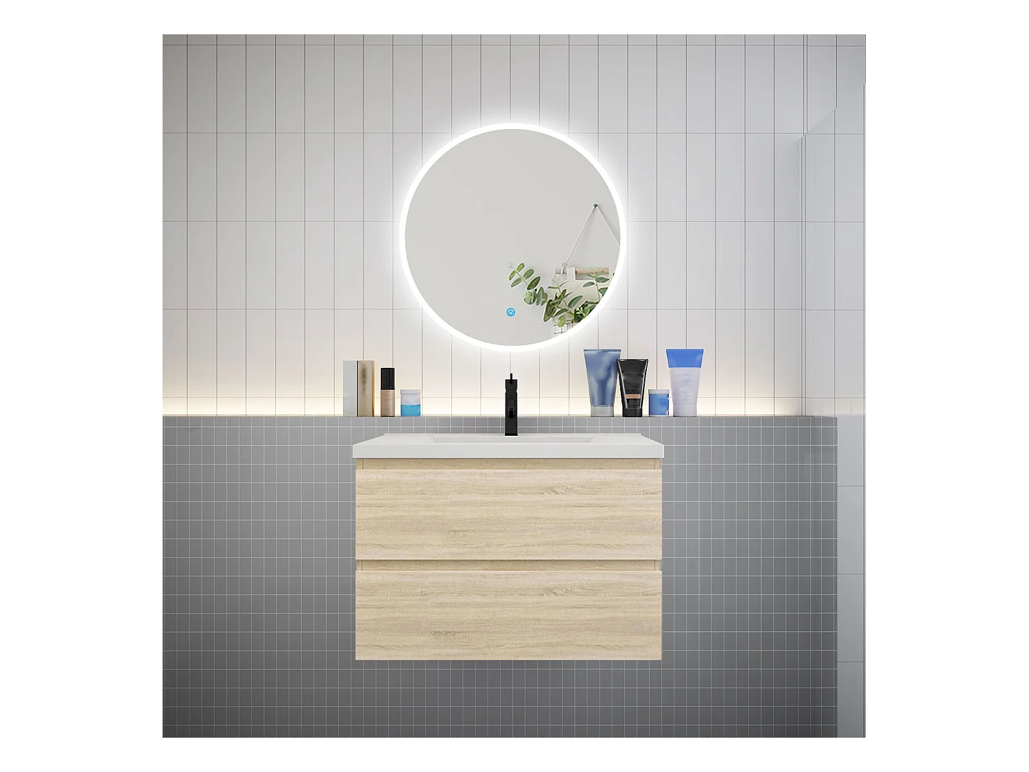 AICA Ensemble meuble de salle de bain Vasque L.79cm 2 tiroirs + lavabo + LED Miroir Rond 70cm, Chêne