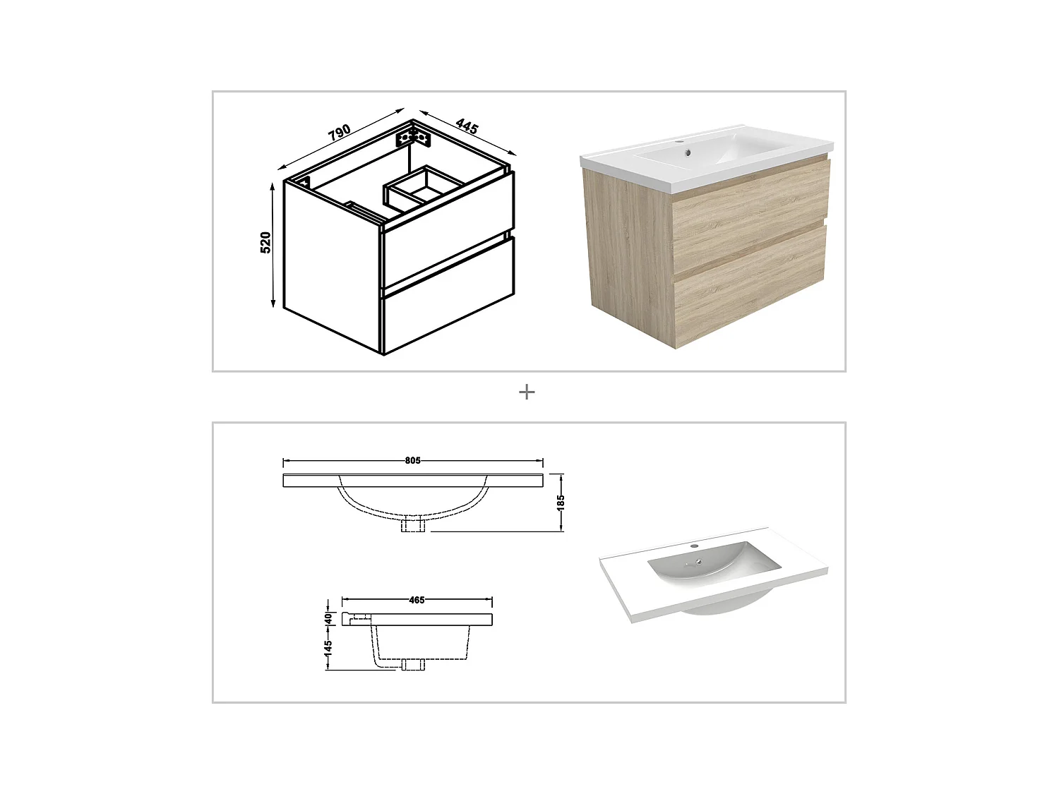 AICA Ensemble meuble de salle de bain Vasque L.79cm 2 tiroirs + lavabo + LED Miroir Rond 70cm, Chêne