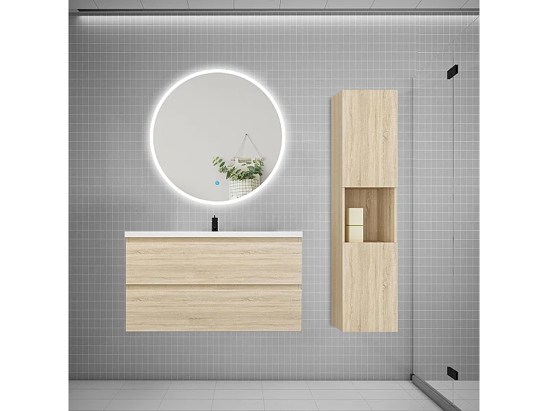 AICA Ensemble meuble de salle de bain Vasque L.99cm 2 tiroirs + lavabo + LED Miroir Rond 90cm + Colonne, Chêne