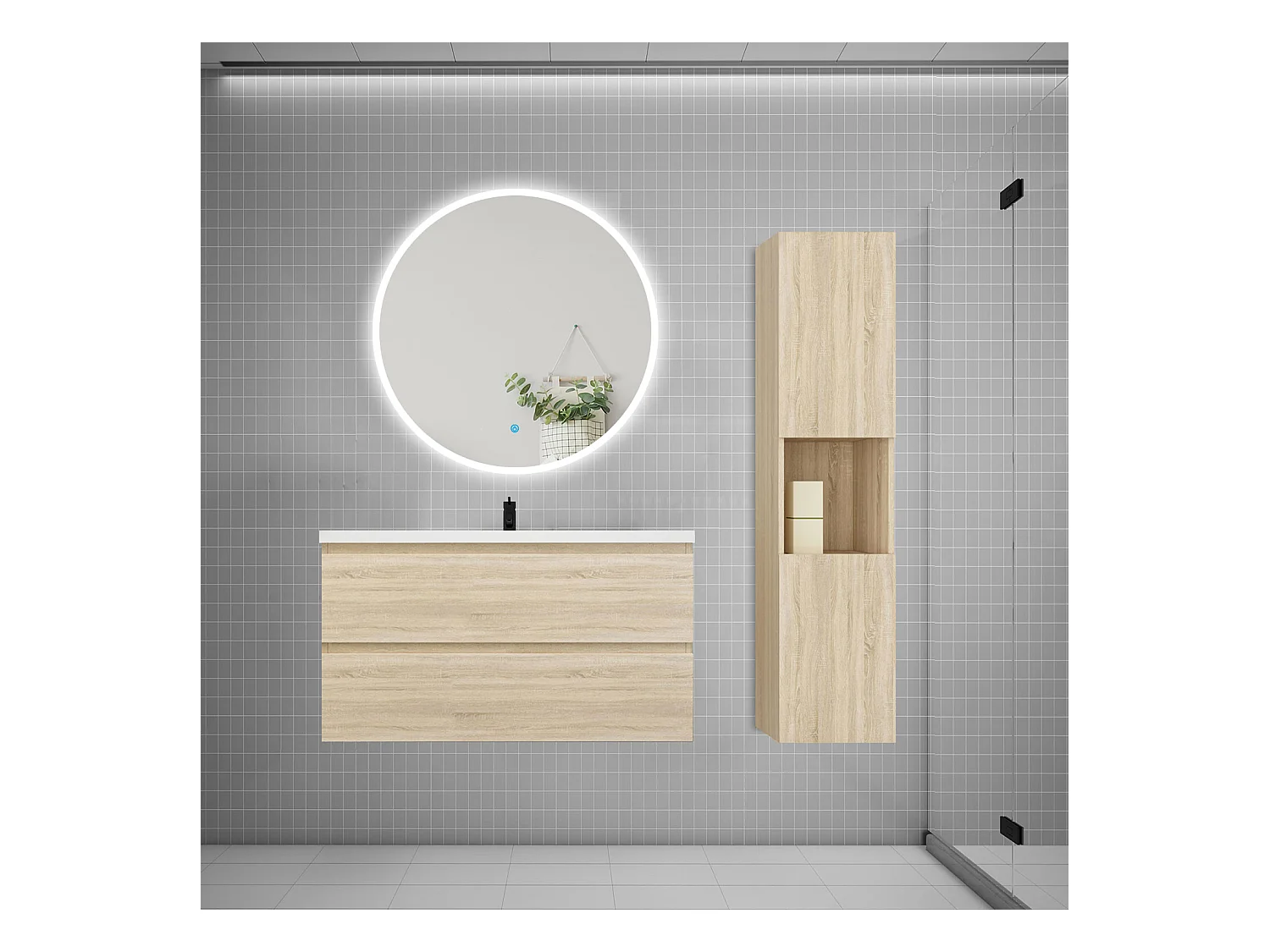 AICA Ensemble meuble de salle de bain Vasque L.99cm 2 tiroirs + lavabo + LED Miroir Rond 90cm + Colonne, Chêne