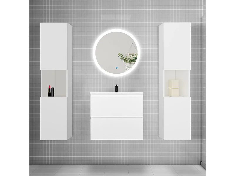 AICA Ensemble meuble de salle de bain Vasque 50cm avec 2 tiroirs + lavabo + LED Miroir Rond 60cm + 2*Colonne, Blanc