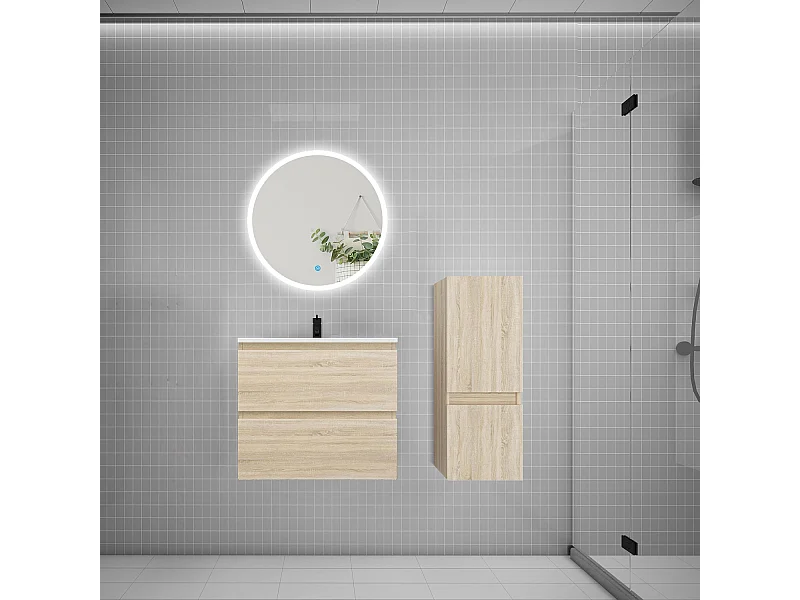 Ensemble meuble vasque L.60cm 2 tiroirs + lavabo + LED miroir rond 60cm + colonne,chêne