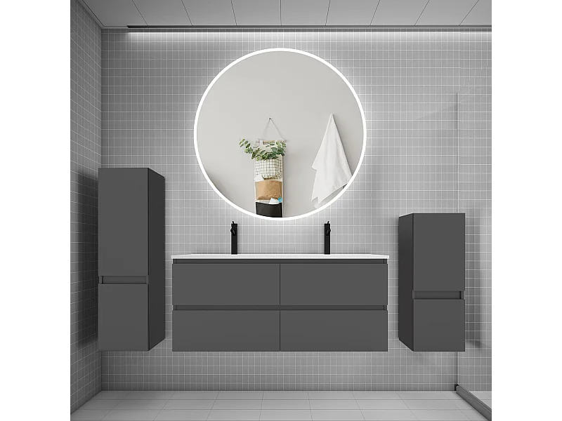 Ensemble meuble double vasque L.120cm 4 tiroirs + lavabo + LED miroir rond 120cm + 2*colonne,anthracite