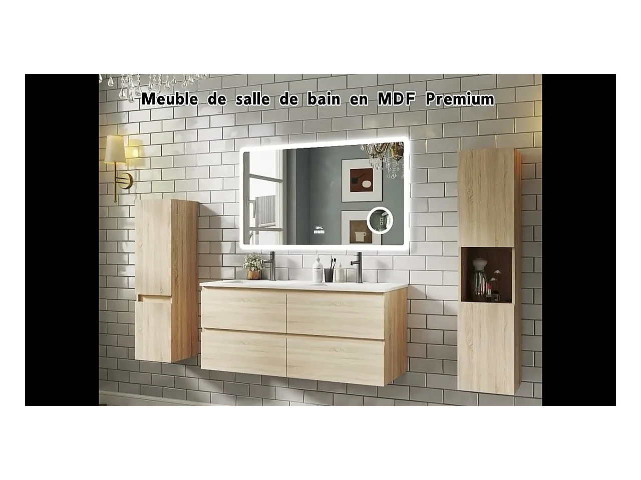 AICA Ensemble meuble de salle de bain double Vasque L.120cm 4 tiroirs + lavabo + LED Miroir Rond 120cm + 2*Colonne, Anthracite