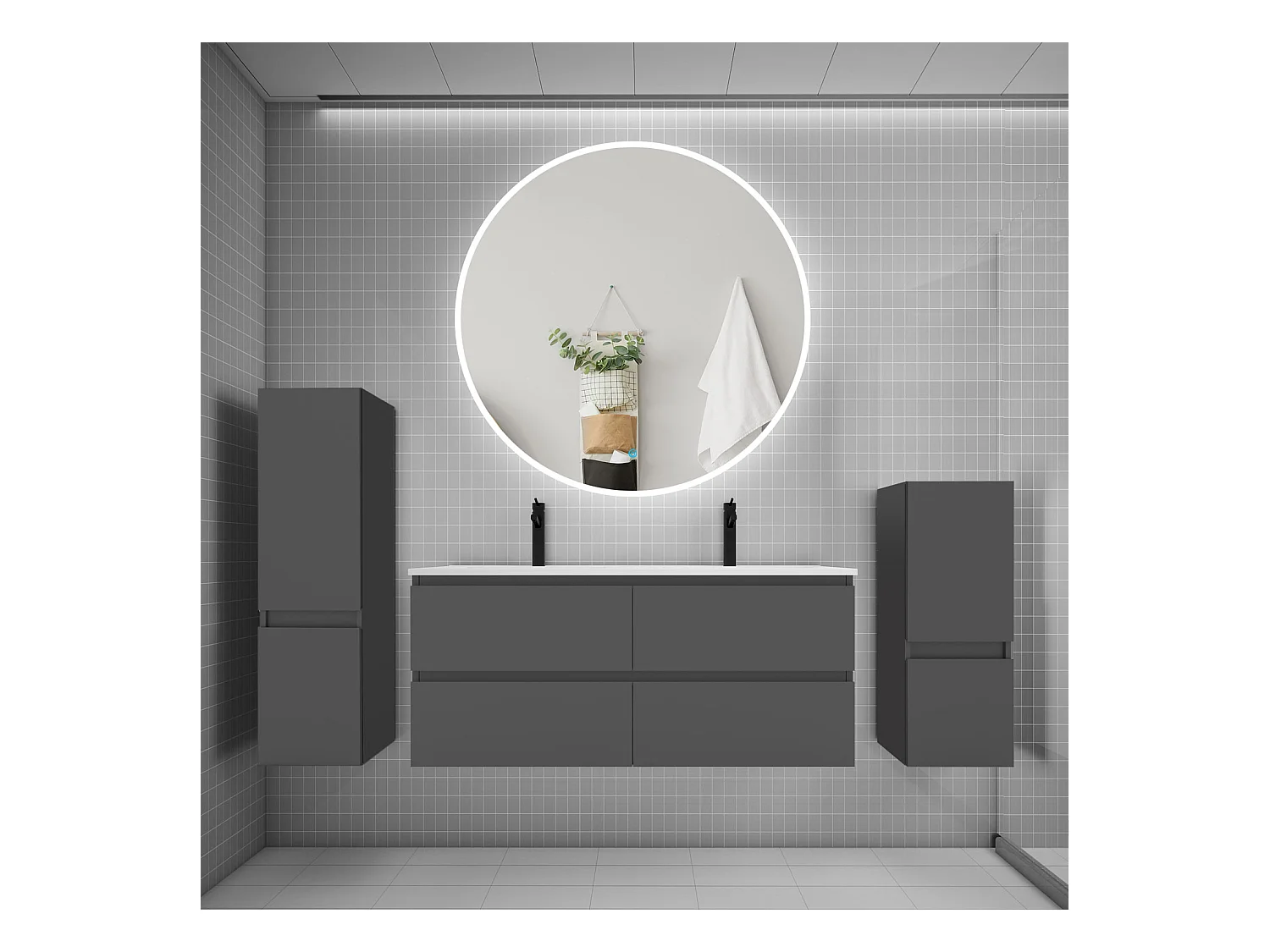 AICA Ensemble meuble de salle de bain double Vasque L.120cm 4 tiroirs + lavabo + LED Miroir Rond 120cm + 2*Colonne, Anthracite