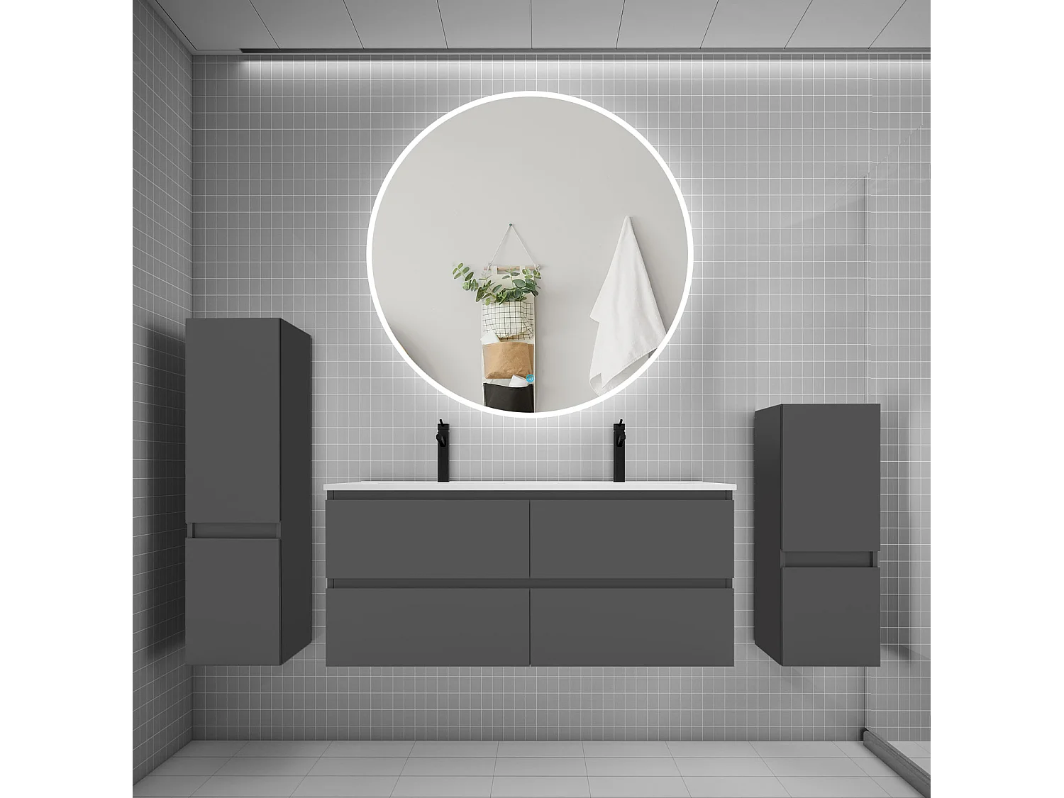 Ensemble meuble double vasque L.120cm 4 tiroirs + lavabo + LED miroir rond 120cm + 2*colonne,anthracite