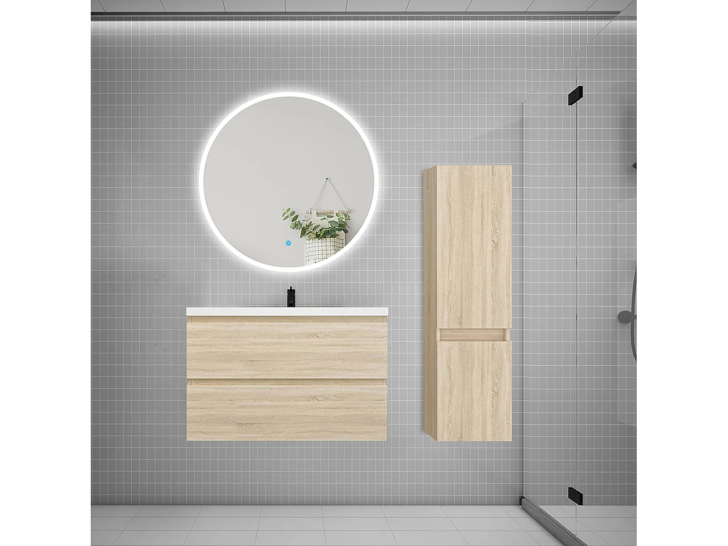 Ensemble meuble vasque L.79cm 2 tiroirs + lavabo + LED miroir rond 90cm + colonne C,chêne