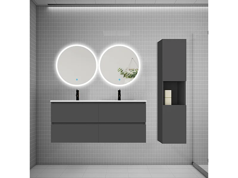 AICA Ensemble meuble de salle de bain double Vasque L.120cm 4 tiroirs + lavabo + 2*LED Miroirs Rond 60cm + Colonne, Anthracite