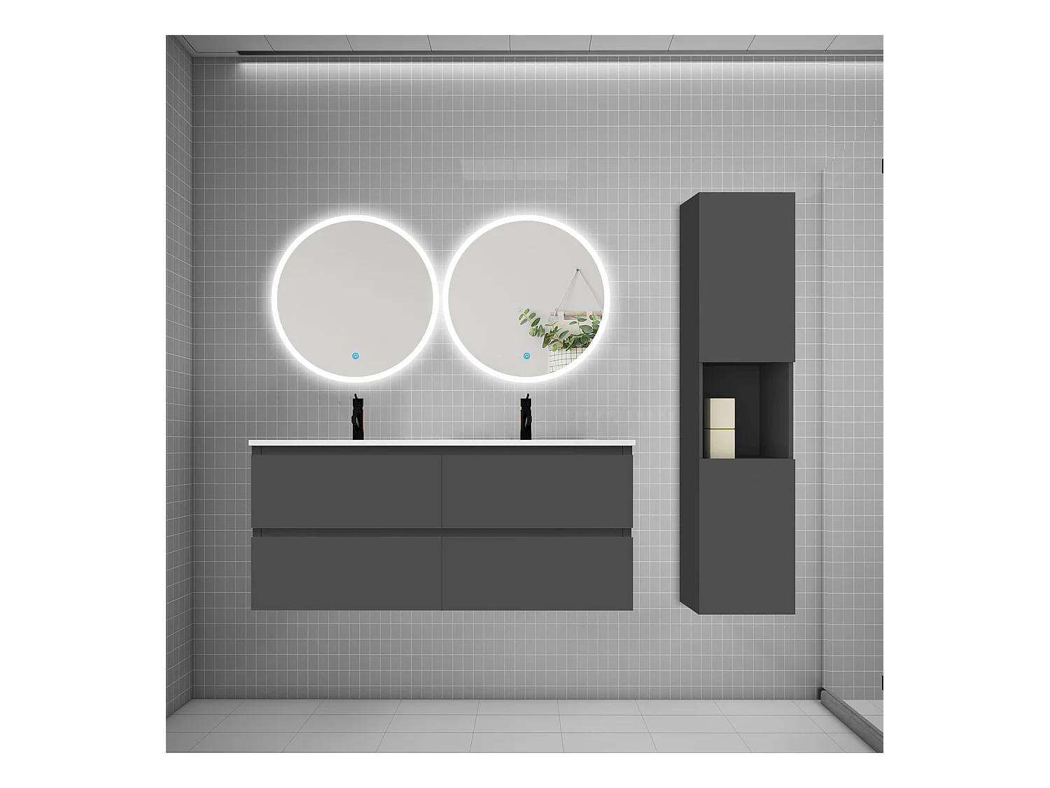 AICA Ensemble meuble de salle de bain double Vasque L.120cm 4 tiroirs + lavabo + 2*LED Miroirs Rond 60cm + Colonne, Anthracite