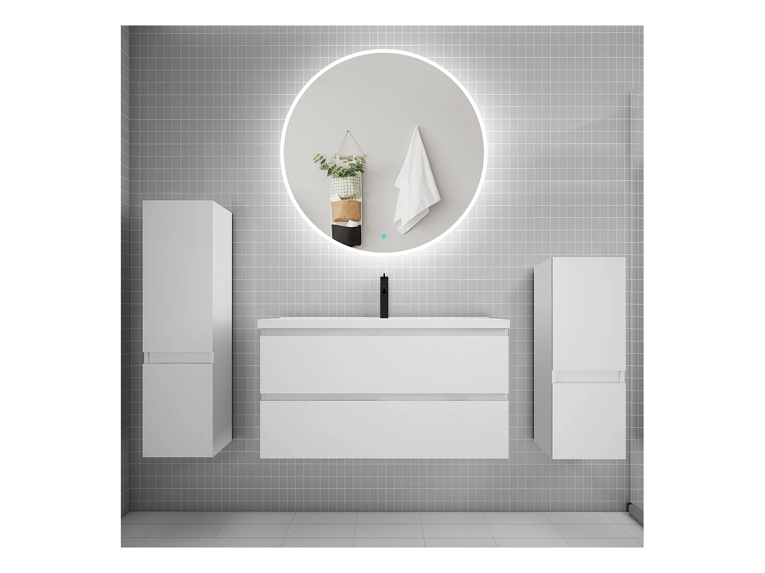 AICA Ensemble meuble de salle de bain Vasque L.99cm 2 tiroirs + lavabo + LED Miroir Rond 100cm + 2*Colonne,Blanc