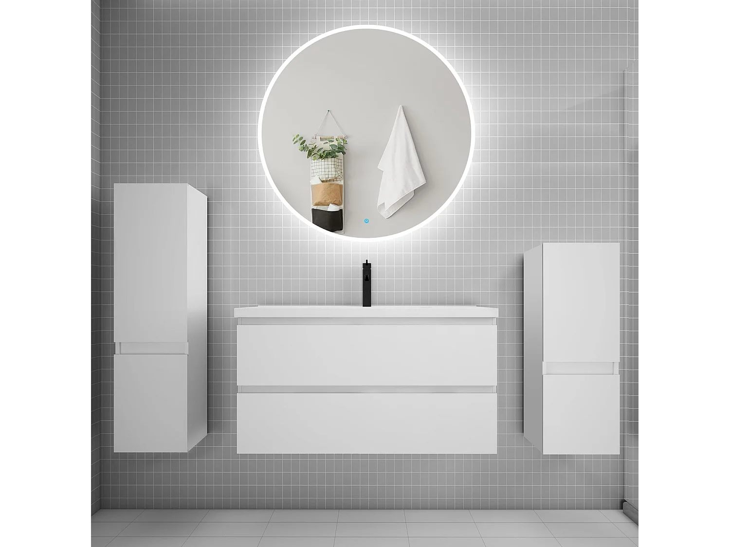Ensemble meuble vasque L.99cm 2 tiroirs + lavabo + LED miroir rond 100cm + 2*colonne,blanc