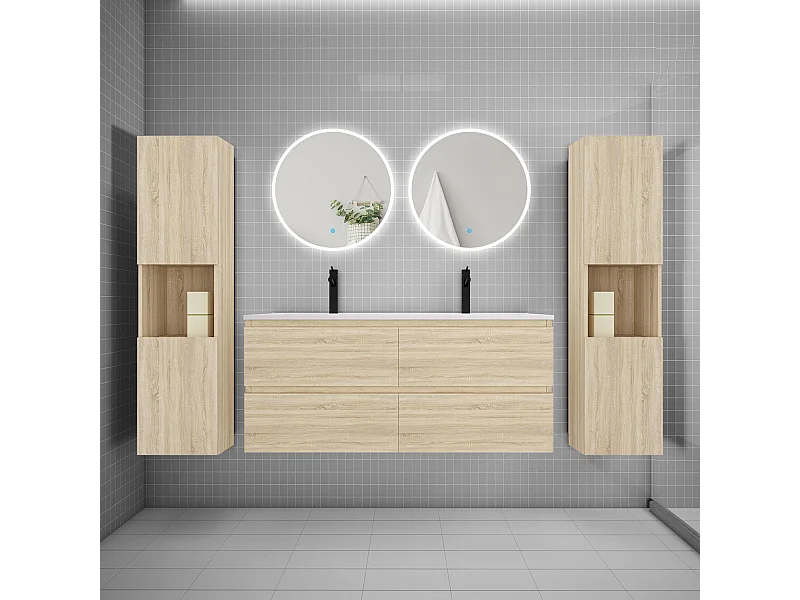 Ensemble meuble double vasque L.120cm 4 tiroirs + lavabo + 2*LED miroirs rond 60cm + 2*colonne,chêne C