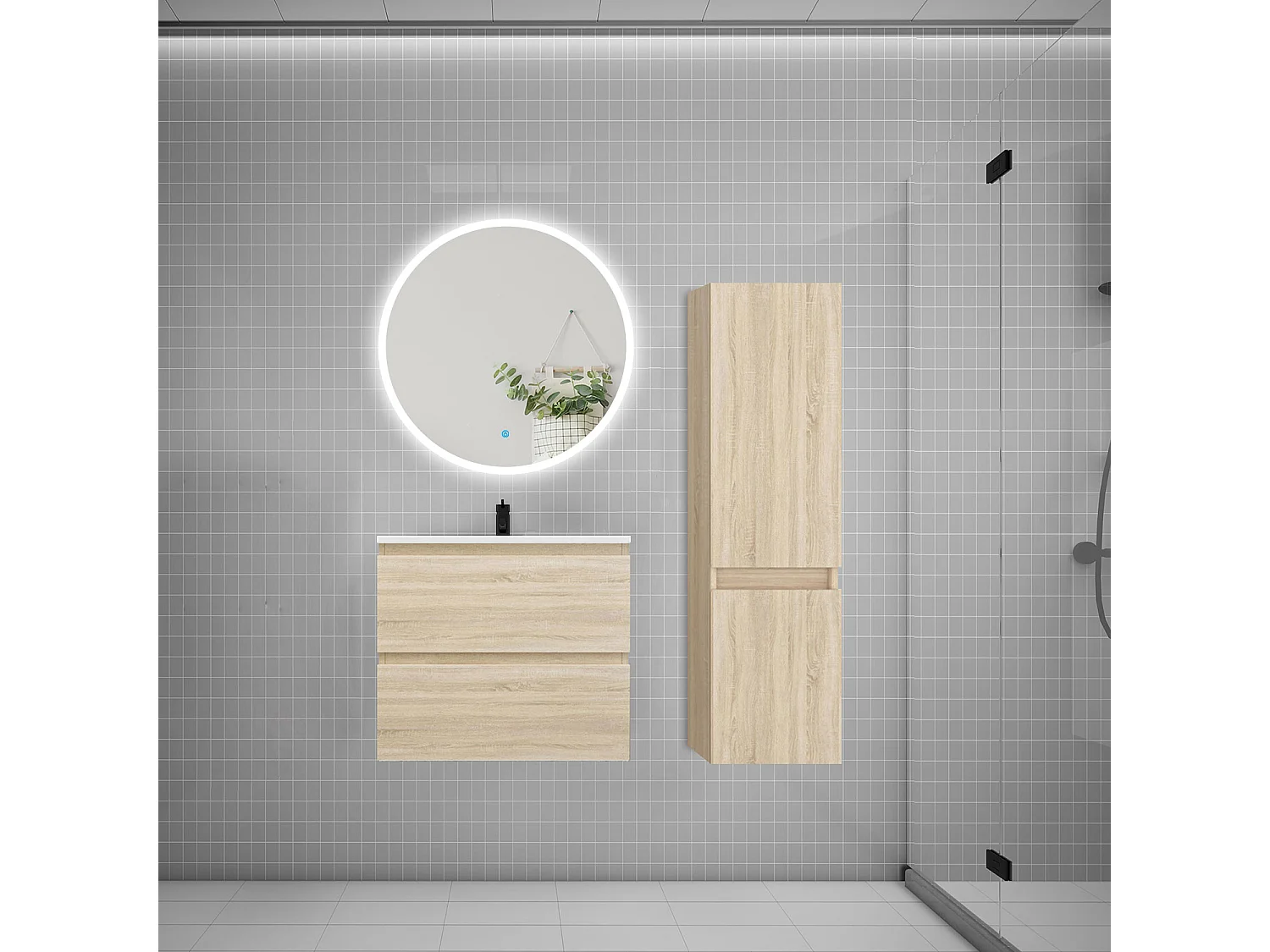 Ensemble meuble vasque L.60cm 2 tiroirs + lavabo + LED miroir rond 70cm + colonne C,chêne