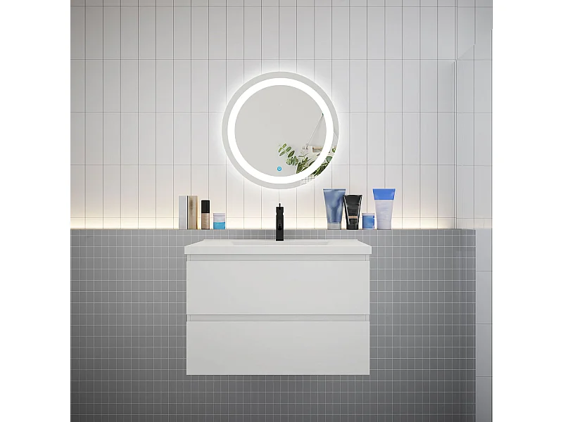 AICA Ensemble meuble de salle de bain Vasque 79cm + 2 tiroirs + lavabo + LED Miroir Rond 60cm,Blanc