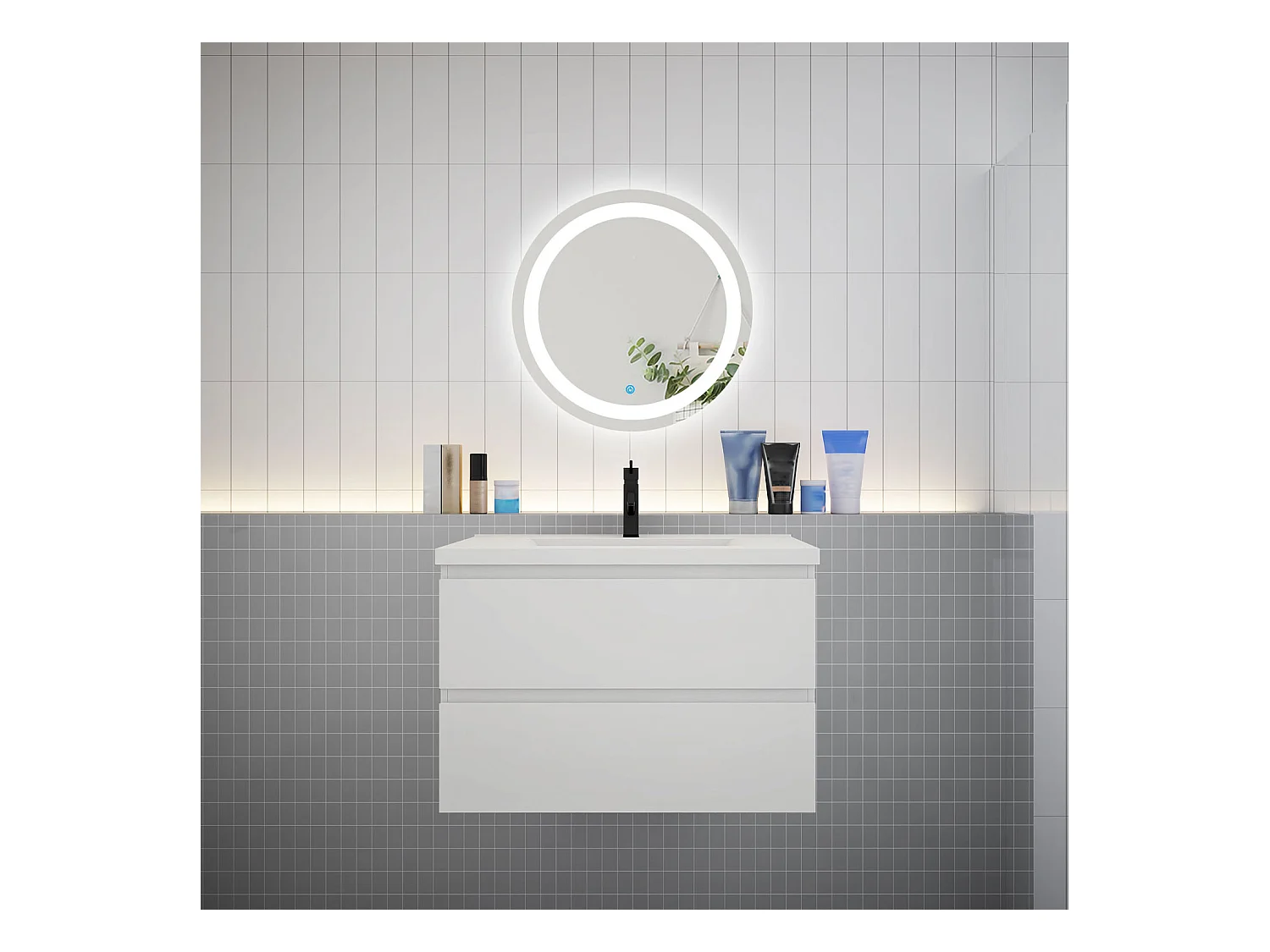 AICA Ensemble meuble de salle de bain Vasque 79cm + 2 tiroirs + lavabo + LED Miroir Rond 60cm,Blanc