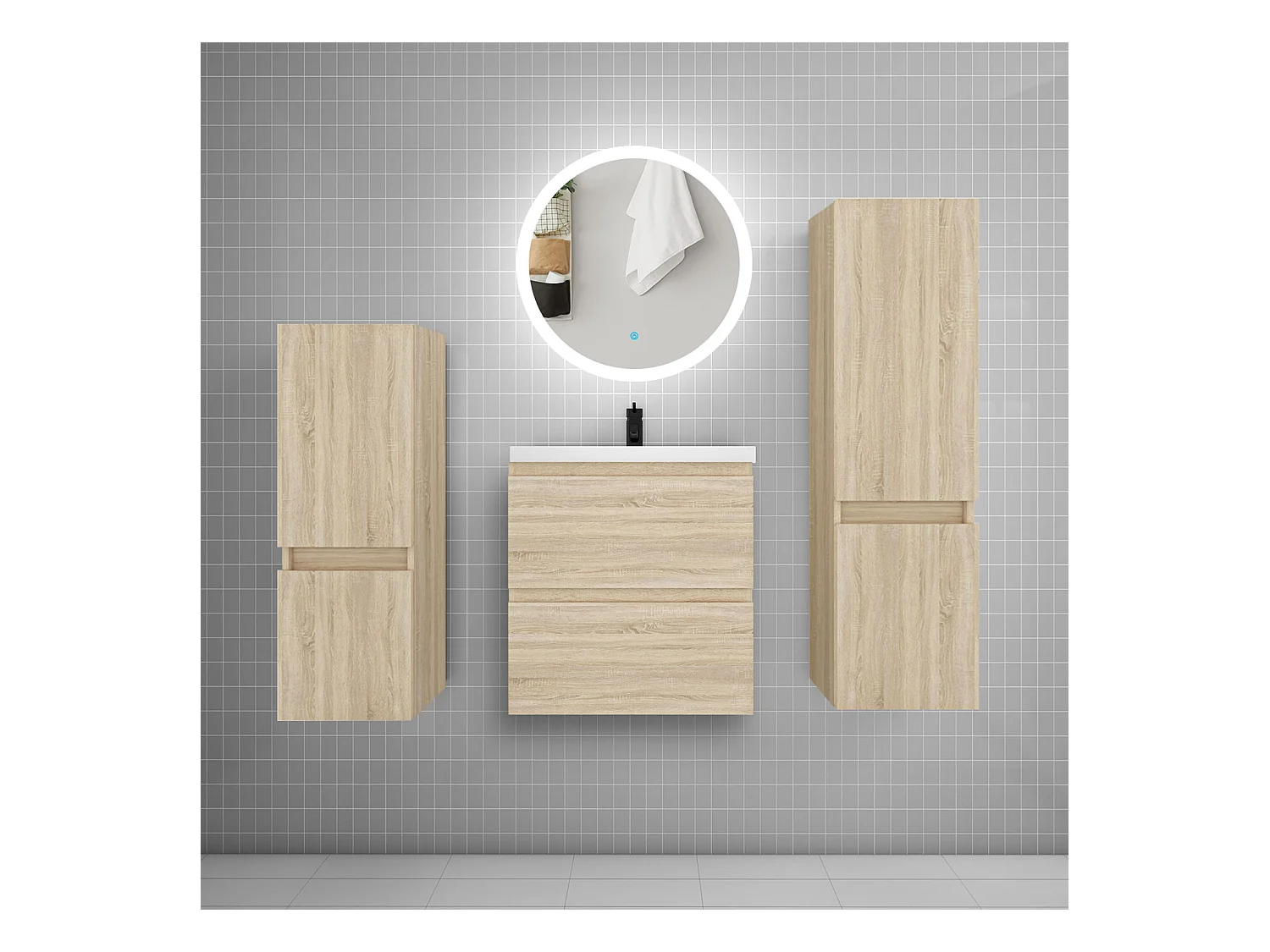 AICA Ensemble meuble de salle de bain Vasque L.50cm 2 tiroirs + lavabo + LED Miroir 60cm + 2*Colonne, Blanc