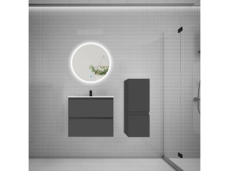 AICA Ensemble meuble de salle de bain Vasque L.60cm 2 tiroirs + lavabo + LED Miroir Rond 60cm + Colonne, Anthracite