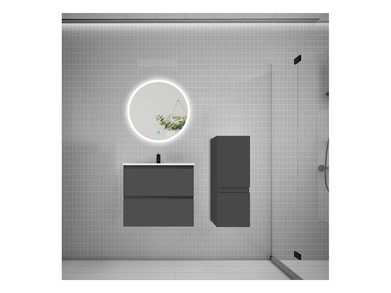 AICA Ensemble meuble de salle de bain Vasque L.60cm 2 tiroirs + lavabo + LED Miroir Rond 60cm + Colonne, Anthracite