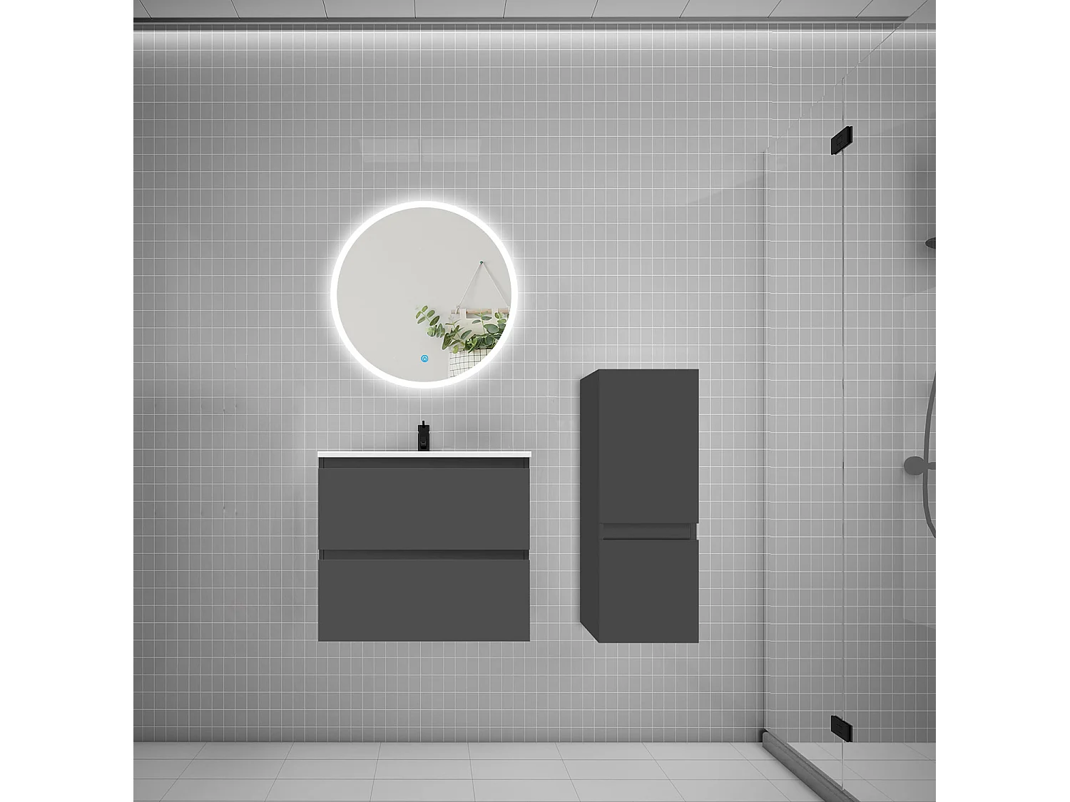 Ensemble meuble vasque L.60cm 2 tiroirs + lavabo + LED miroir rond 60cm + colonne,anthracite