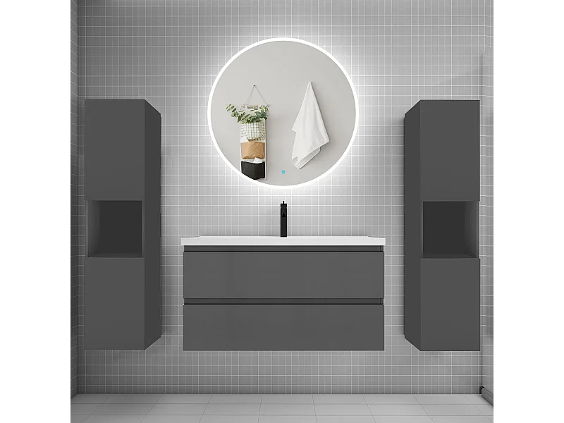 AICA Ensemble meuble de salle de bain Vasque L.99cm 2 tiroirs + lavabo + LED Miroir Rond 90cm + 2*Colonne, Anthracite
