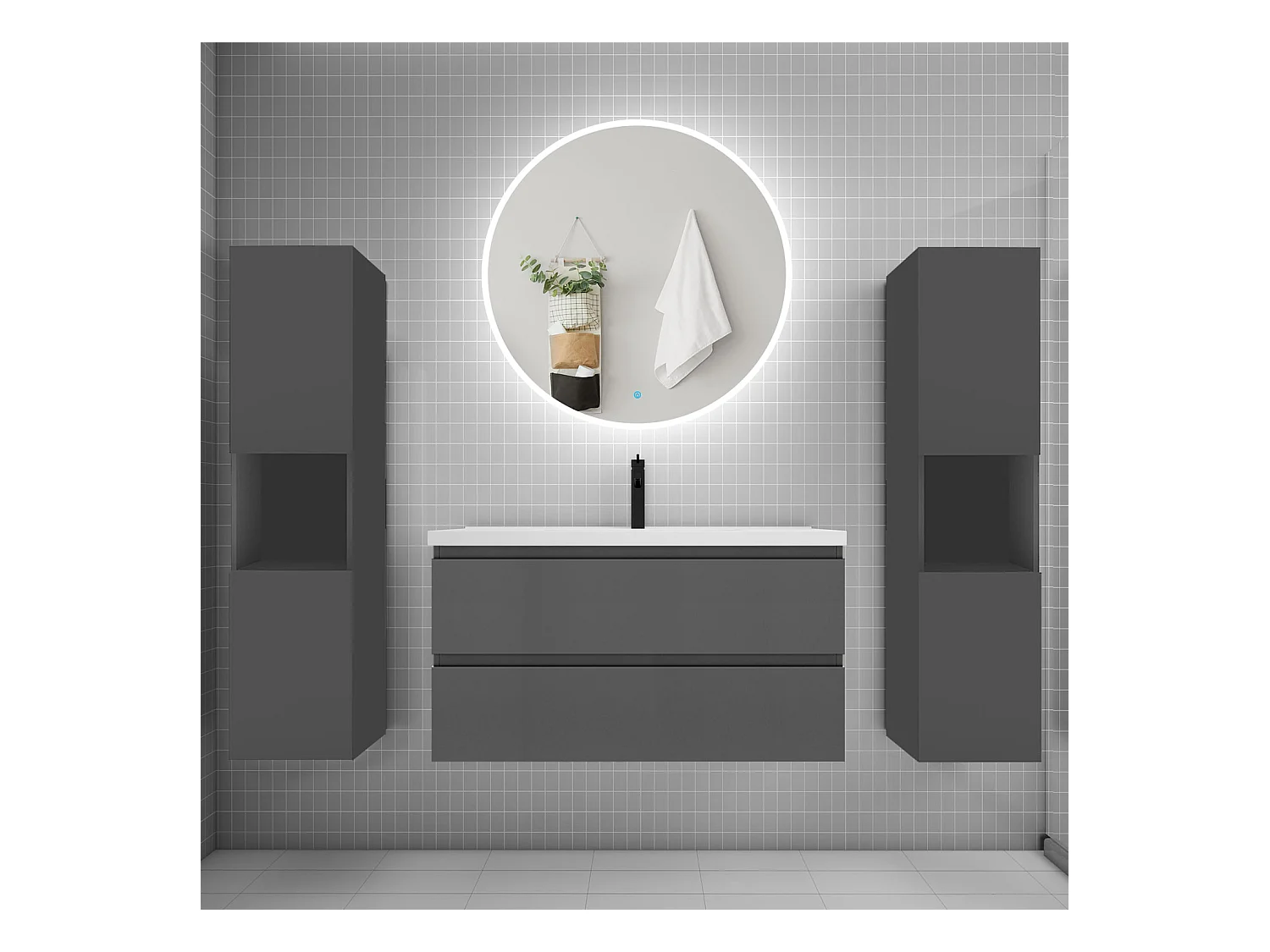 AICA Ensemble meuble de salle de bain Vasque L.99cm 2 tiroirs + lavabo + LED Miroir Rond 90cm + 2*Colonne, Anthracite