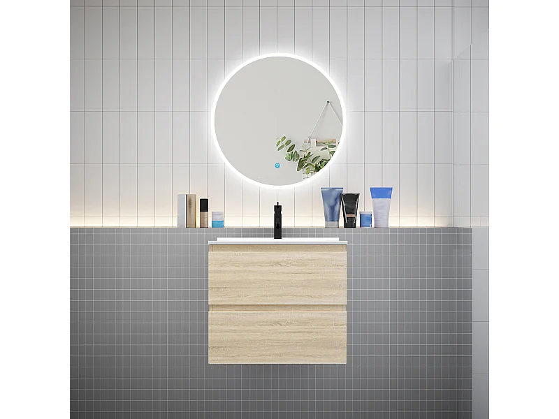 Ensemble meuble vasque L.60cm 2 tiroirs + lavabo + LED miroir rond 70cm,chêne